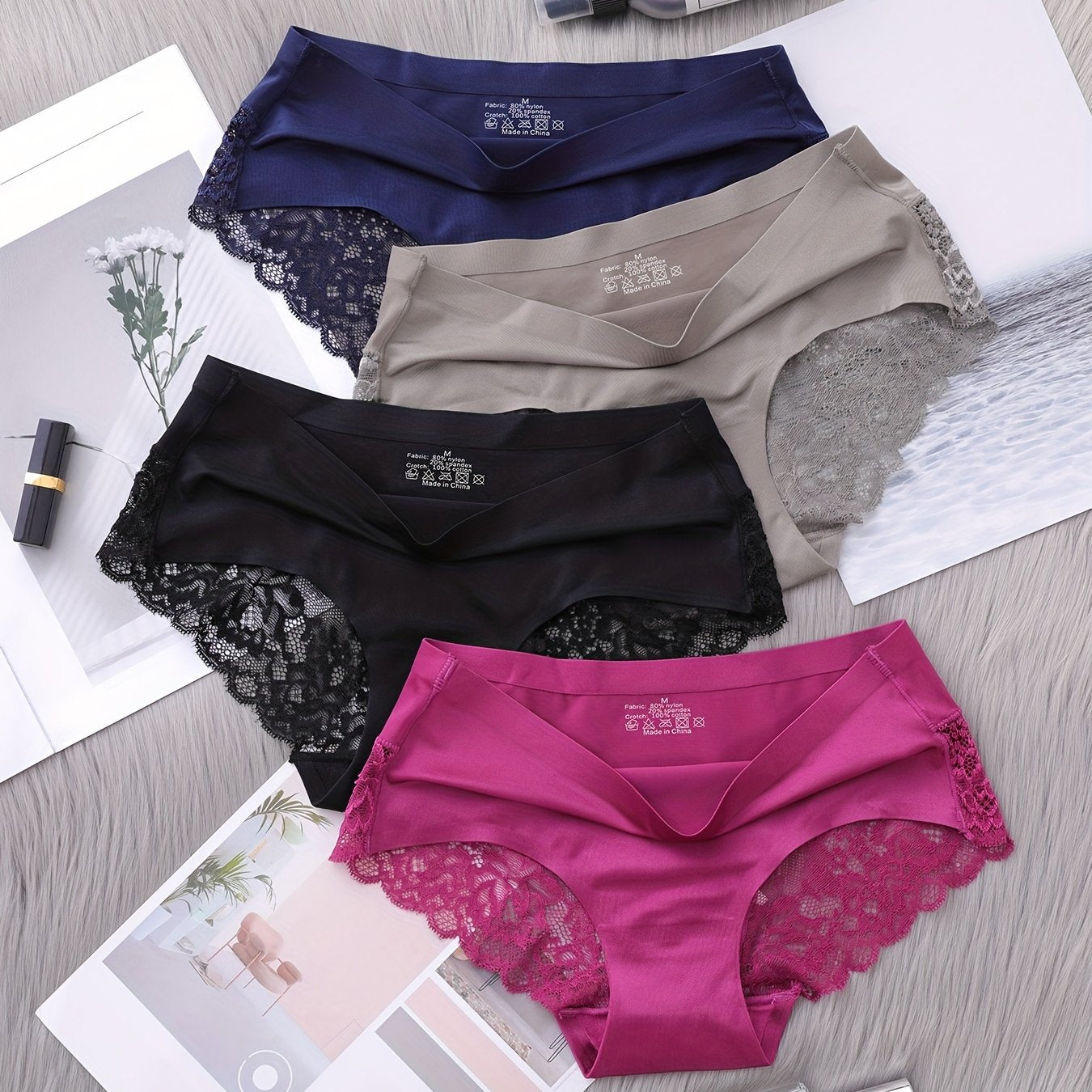 Set of 4 Women's Nylon Knit Mid Rise Panties with Solid Color and Lace Details