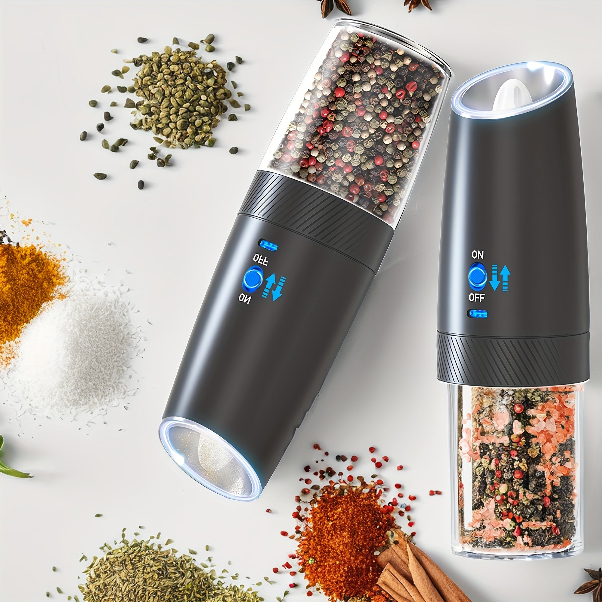 2-to'plamli qayta tiklanadigan elektr qalampir va tuz maydalagich to'plami, tortishish bilan sezgir LED chiroq, USB zaryadlash, 5000 RPM