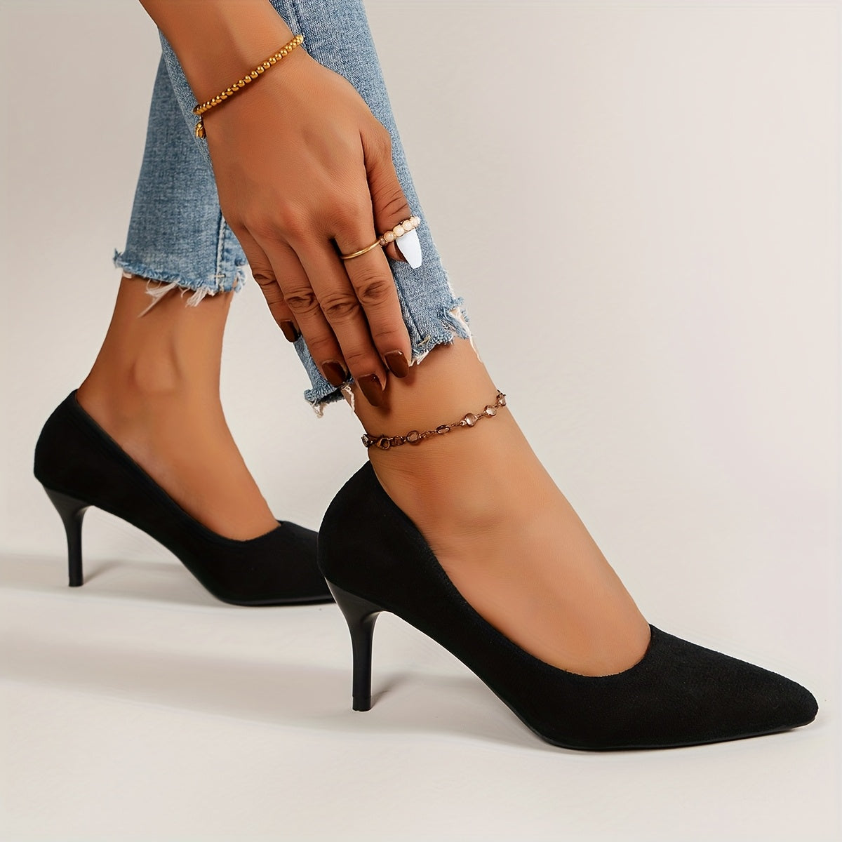 Women's Black Pointed Toe Stiletto Heels with Block Heel for Office and Parties