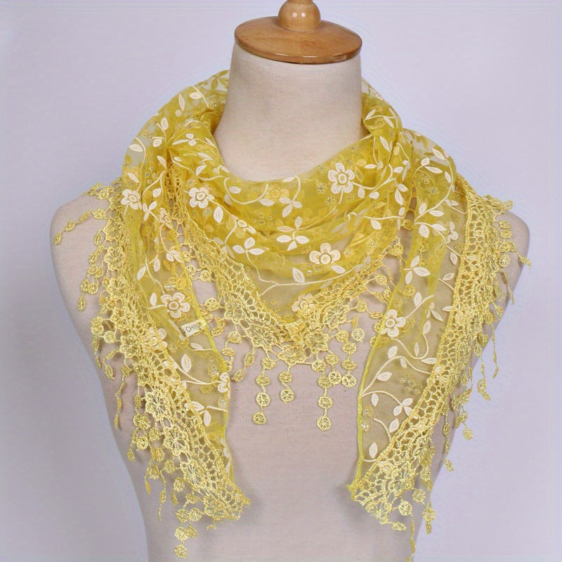 Women's Floral Embroidery Lace Shawl Triangle Scarf Cape Hollow Out Breathable Fabric for Head Covering