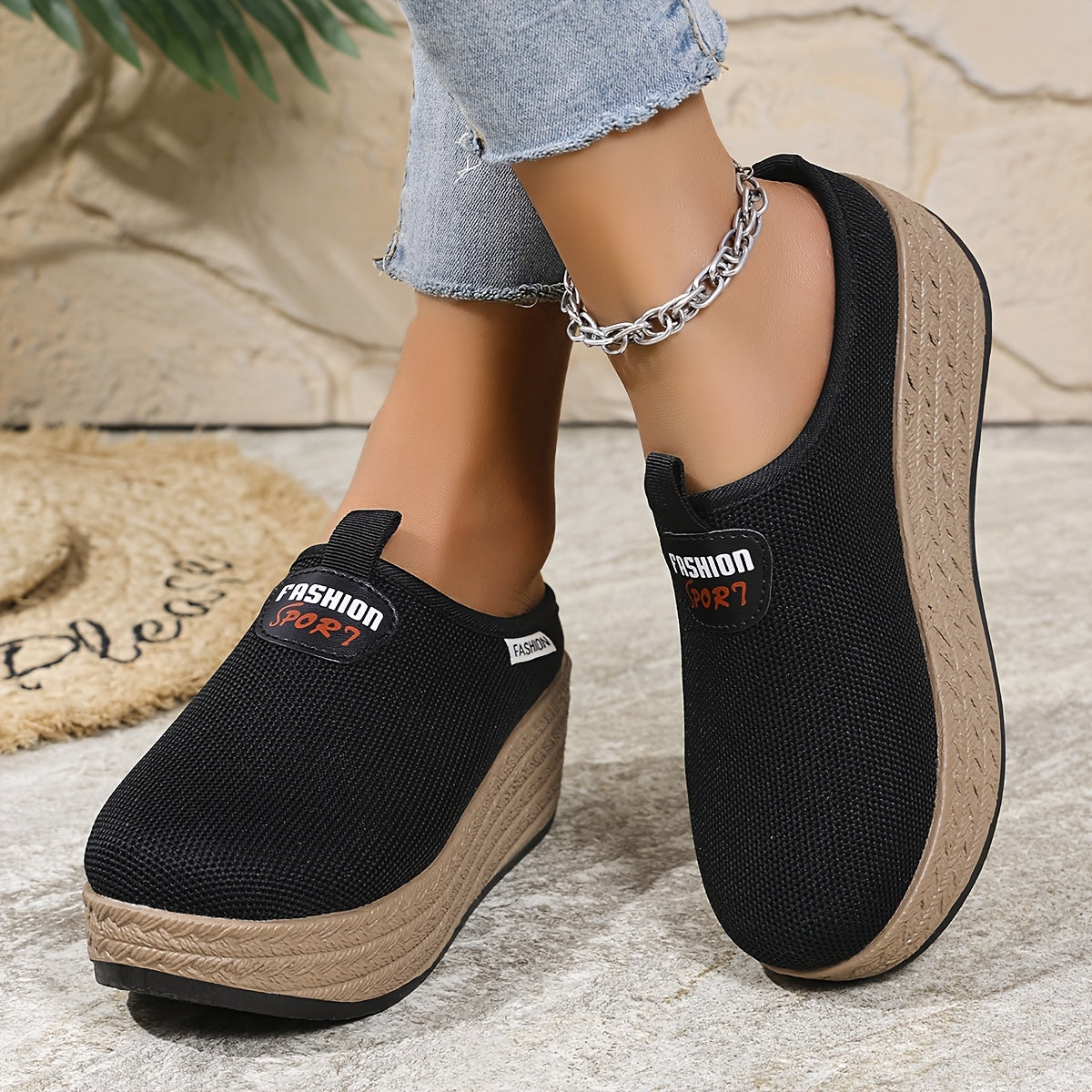 Zapatillas casuales para mujer con suela gruesa y sin cordones, parte superior de tela negra, suela de TPR