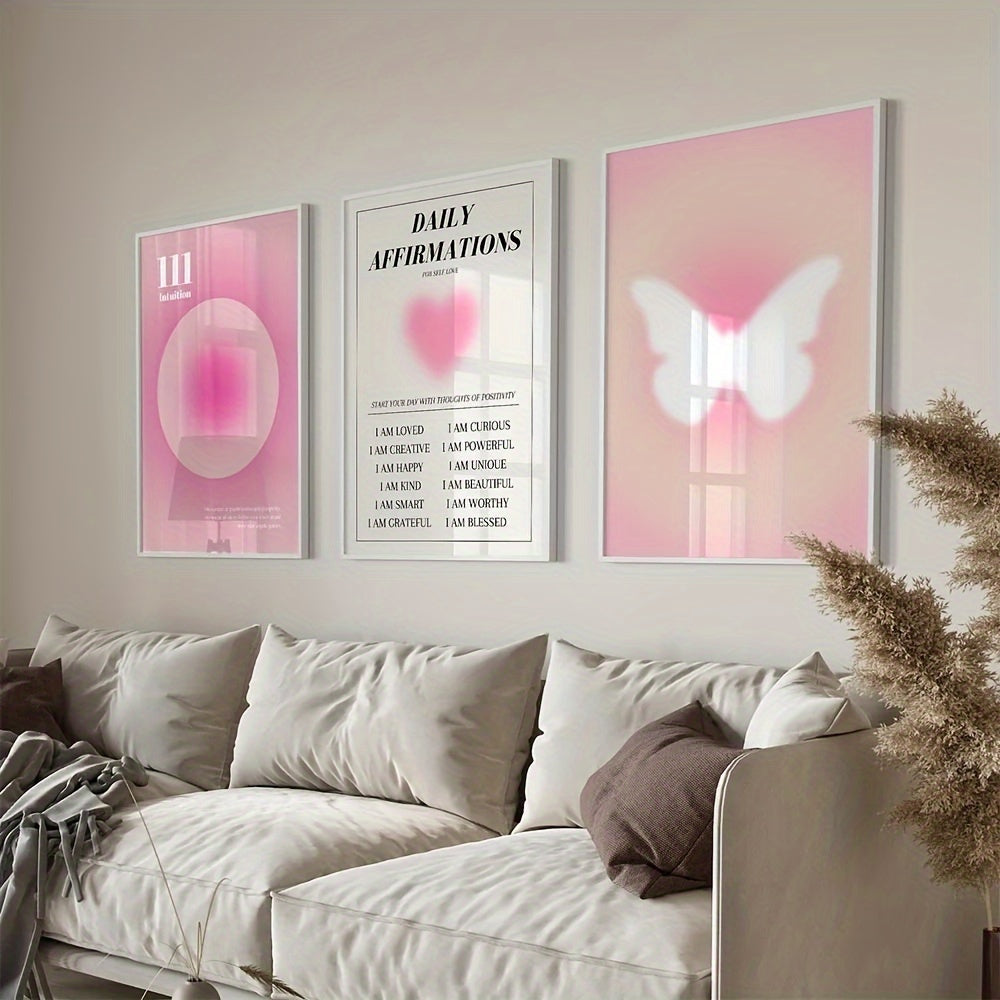 Conjunto de arte de pared en rosa claro, pinturas al óleo para habitación de niña moderna, póster de arte con halo de mariposa, decoración del hogar para dormitorio