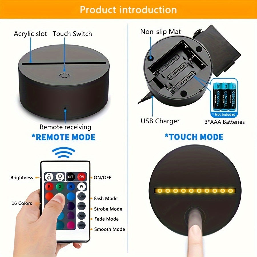 3D illyuziya kechki chiroq, masofadan boshqarish va taymer bilan, yotoqxona uchun rang o'zgartiruvchi dekor