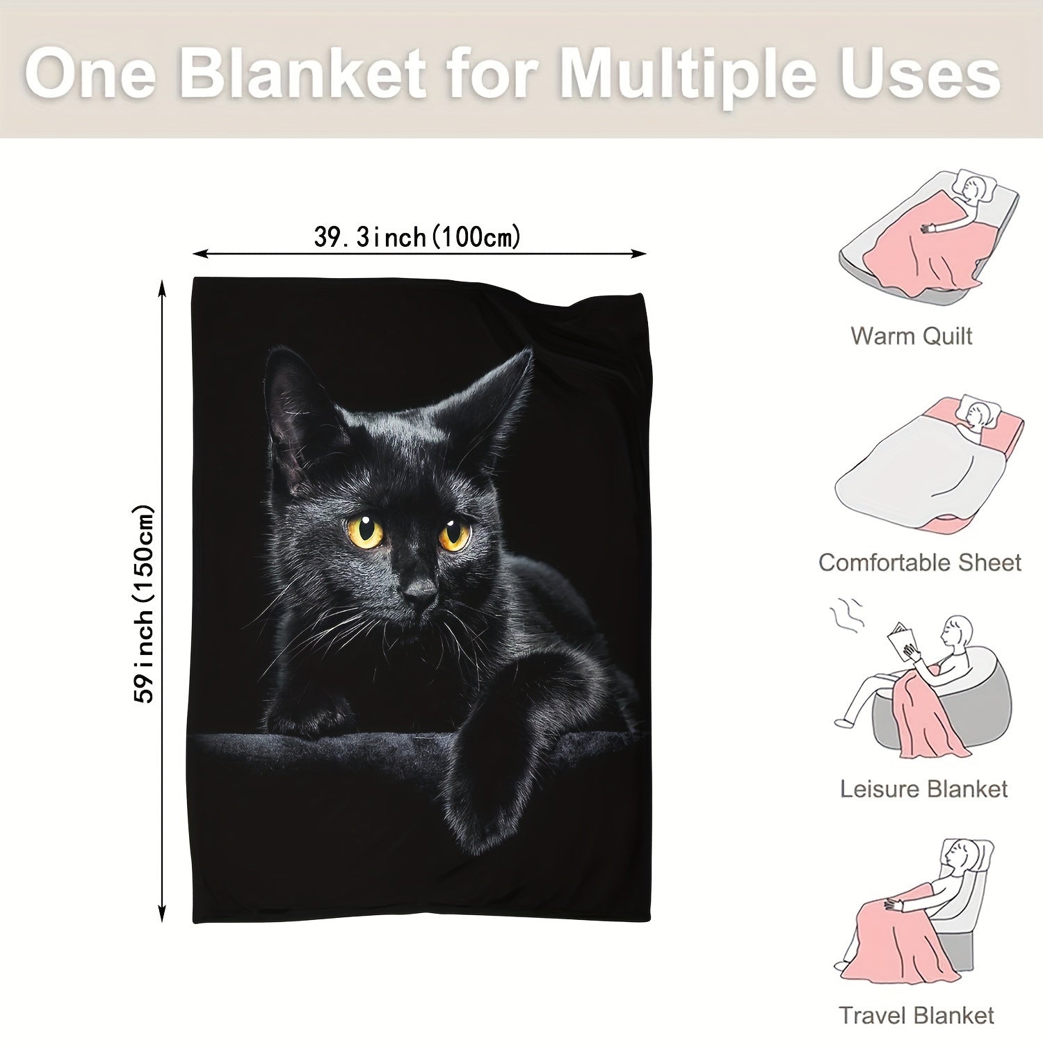 Black Cat Print Flannel Throw Blanket for Couch Bed Car Office Camping