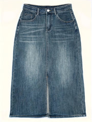 High-Waist Denim Midi Skirt with Split Stretch Non-See-Through Machine Washable for All Seasons