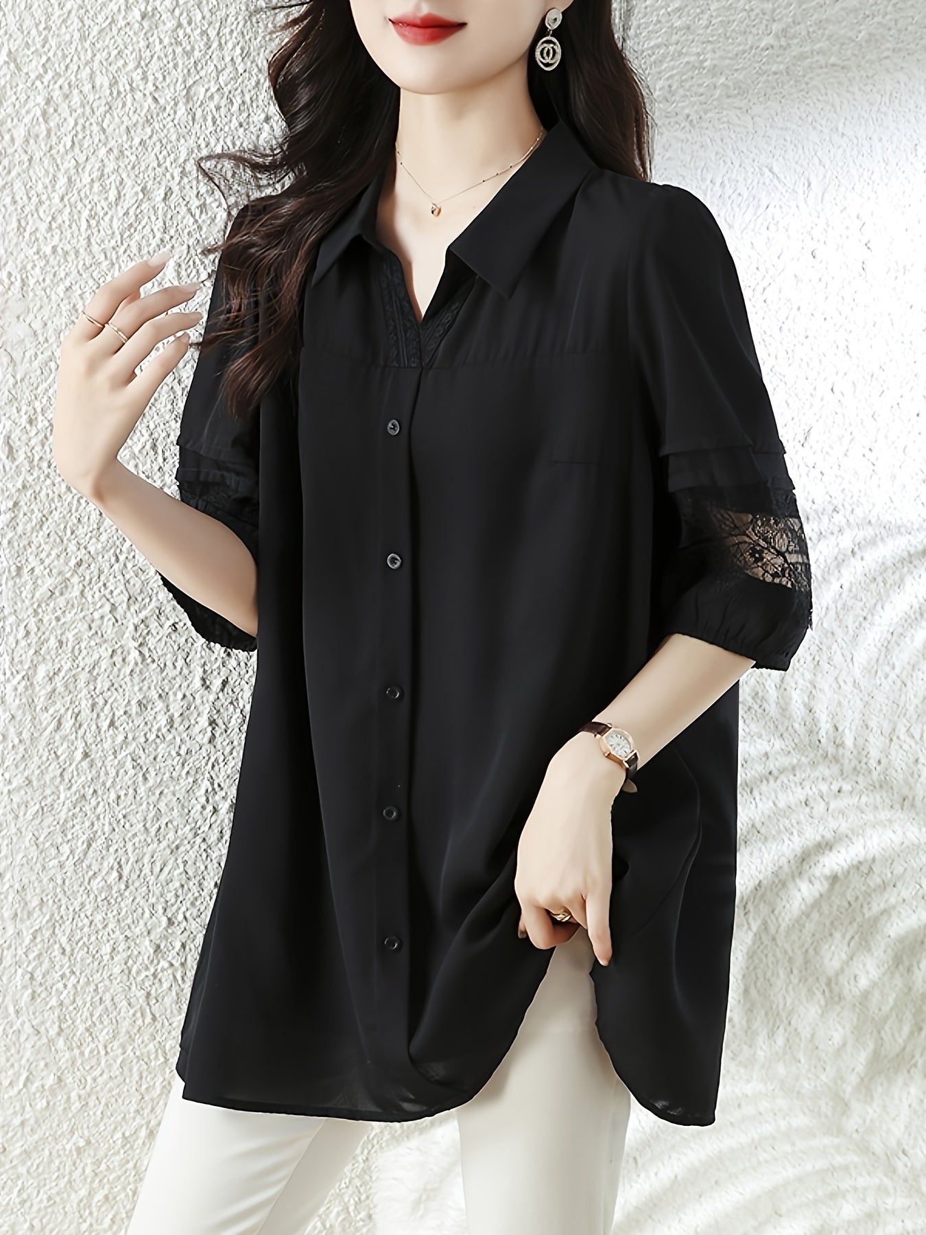 Plus Size Women's Black Chiffon Lace Trim Top Casual Short Sleeve Blouse
