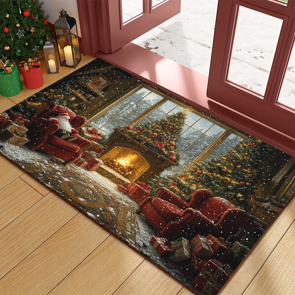 Non-Slip Christmas Doormat with Santa Fireplace Design Washable Polyester Rectangular Floor Mat
