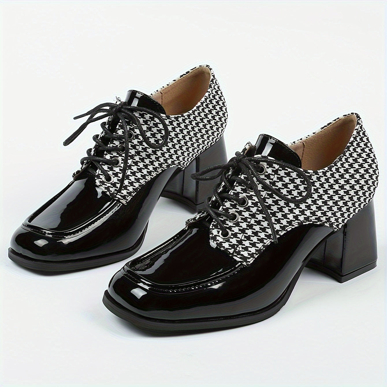 Ayollar uchun xoundstooth kiyingan poyabzal, kvadrat barmoqli, qalin tagli, bog‘lamli oxfords