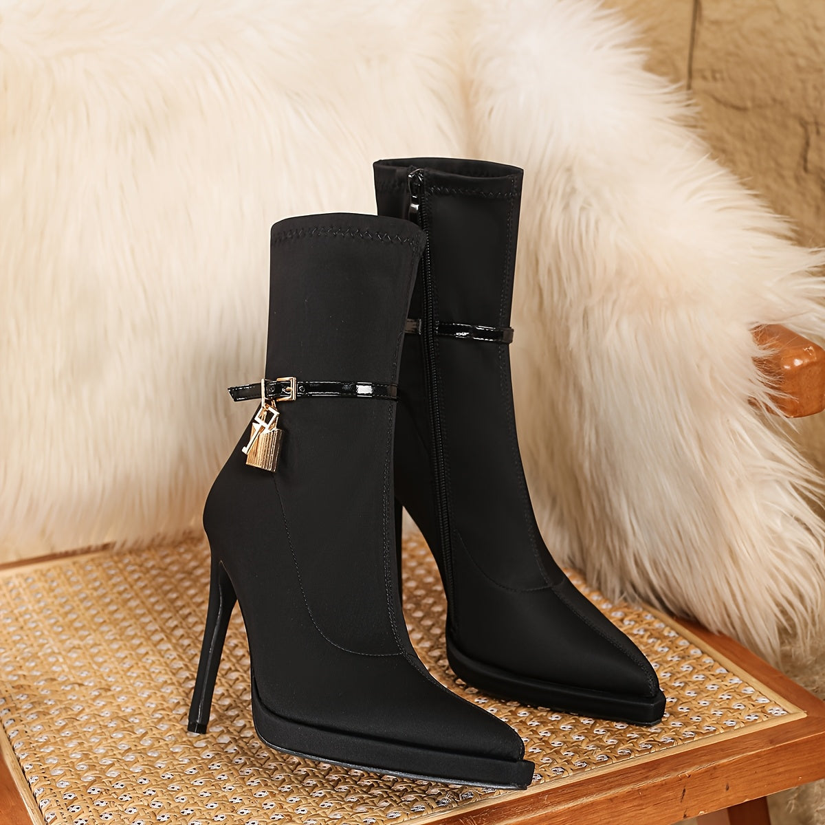 Женские ботинки на каблуке с эластичным материалом, заостренный нос, платформа