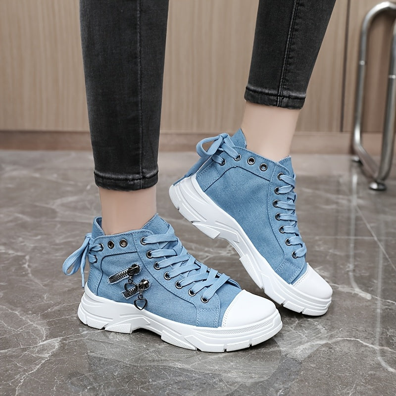 Zapatillas deportivas altas para mujer con lazo, transpirables, blanco y azul
