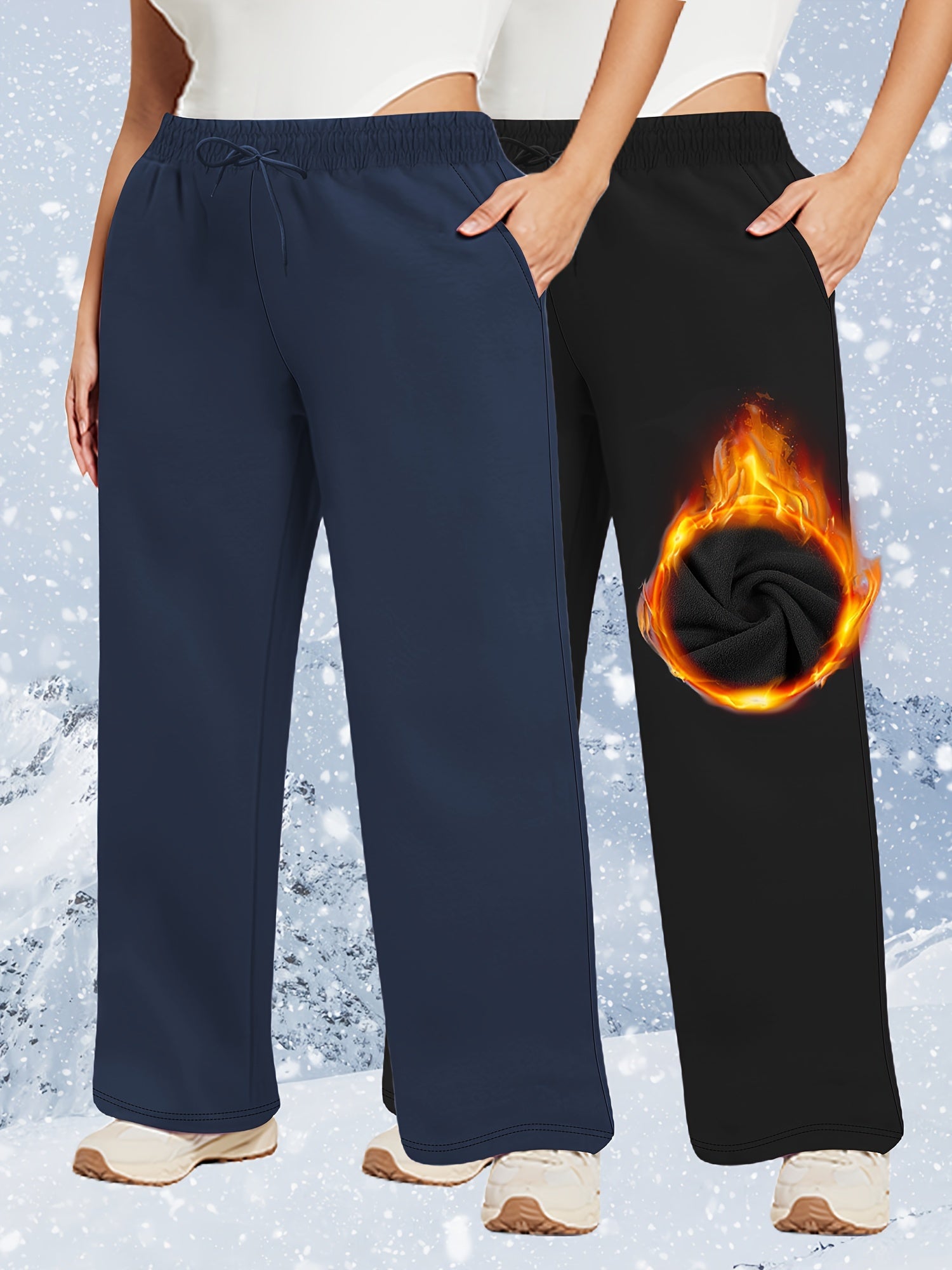 Plus-Size Warm Fleece Wide-Leg Pants Set for Autumn and Winter