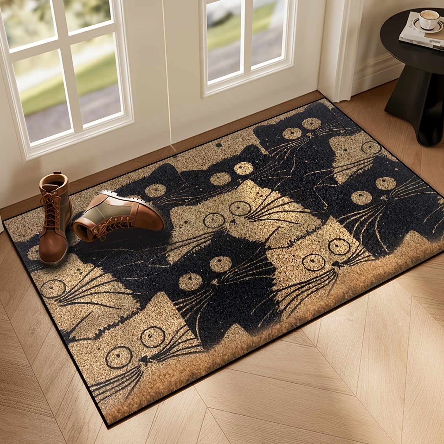 Durable Cartoon Cat Welcome Mat Non-Slip Easy Clean Low Pile Polyester Rug