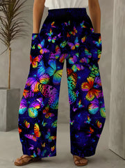 Women's Butterfly Print 3D Wide Leg Palazzos Casual Elastic Waist Pants