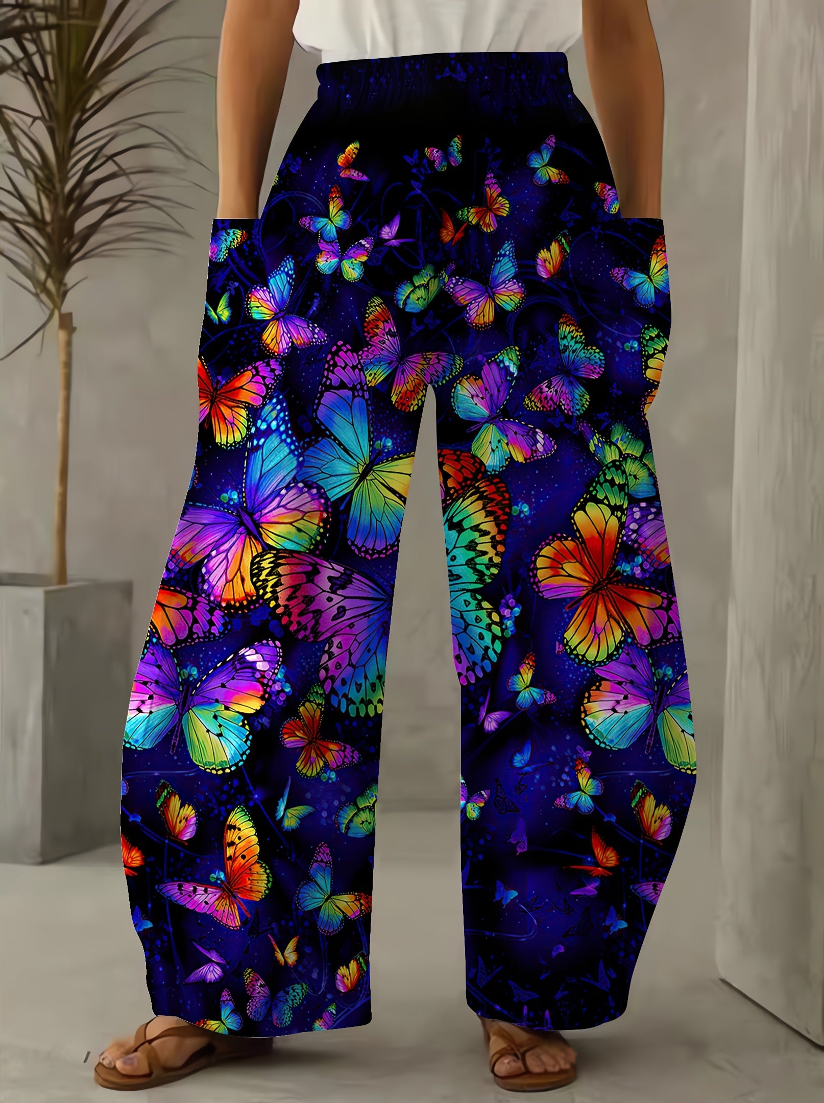 Women's Butterfly Print 3D Wide Leg Palazzos Casual Elastic Waist Pants