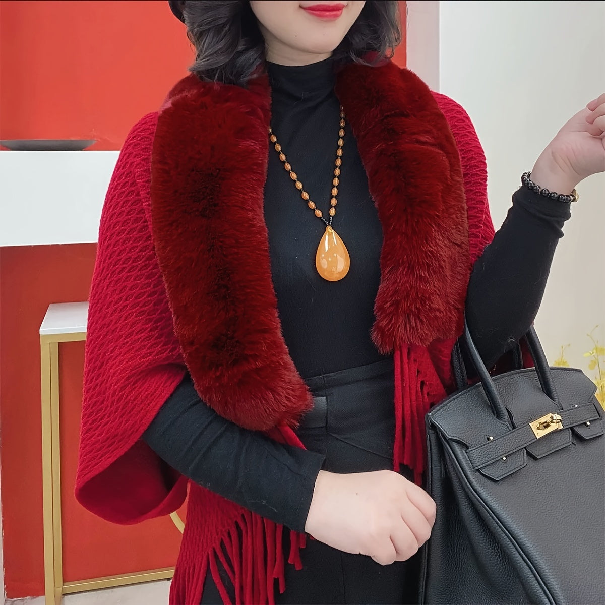 Women's Faux Fur Collar Shawl Thick Polyester Jacquard Tassels Windproof Casual