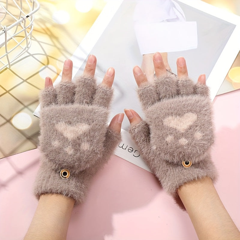 Convertible Acrylic Gloves with Cartoon Cat Claw Design, Non-Slip Grip, Windproof Winter Gloves
