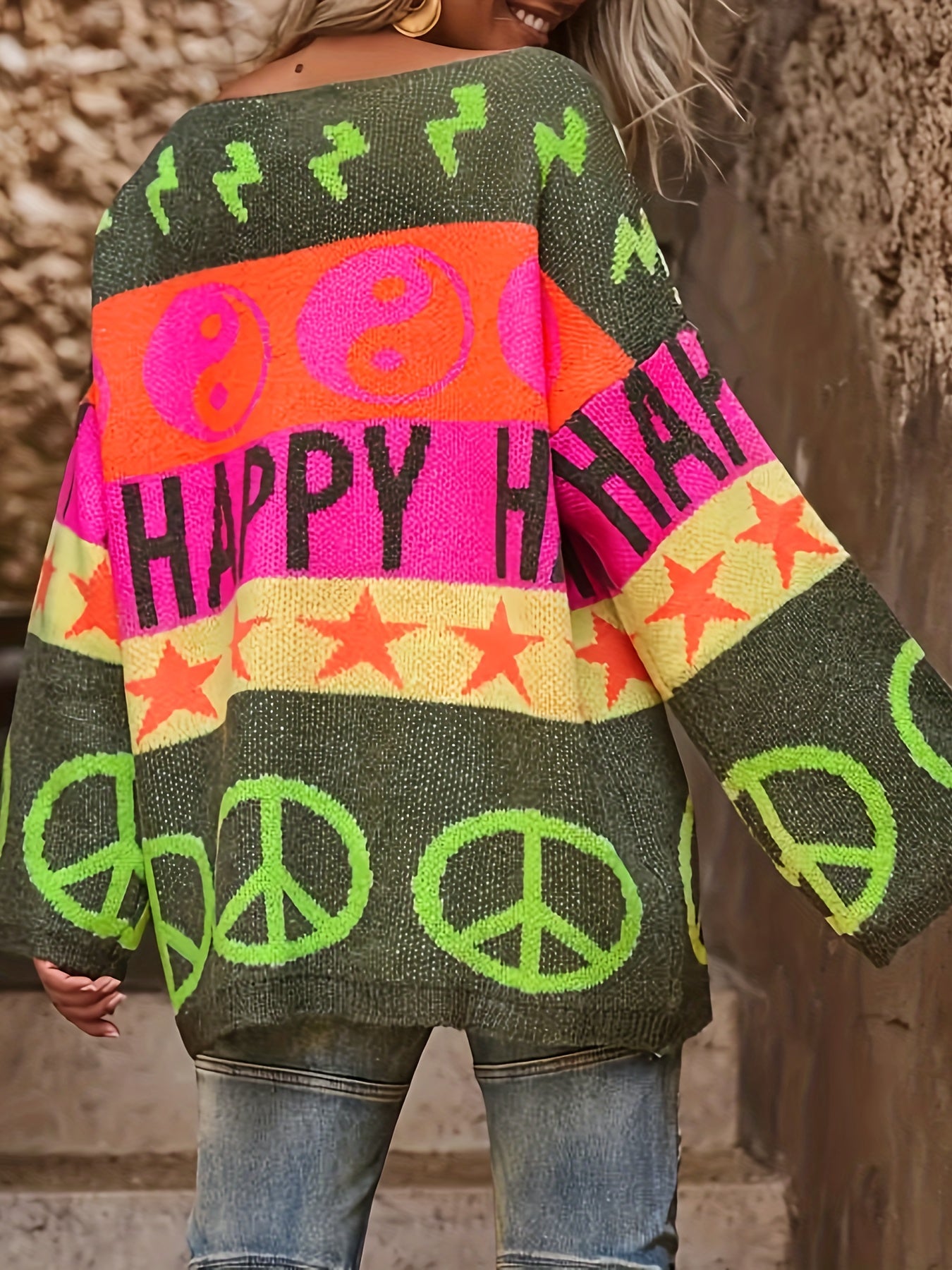 Women’s Plus Size V-Neck Sweater with Peace Sign and Star Print Green Orange
