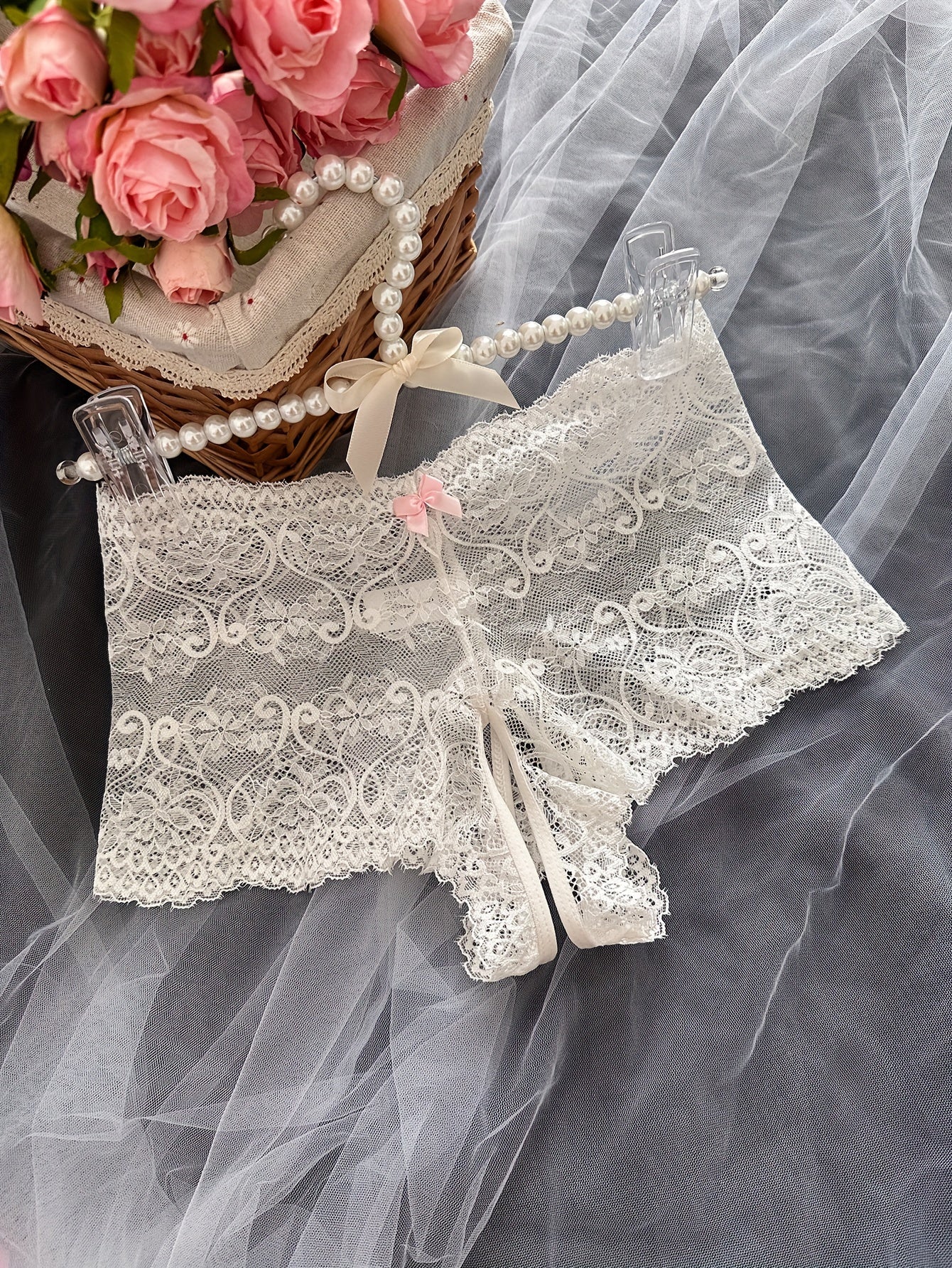 Women's Lace Open Crotch Panties with Bow Detail Semi-Sheer Printed Comfortable Lingerie
