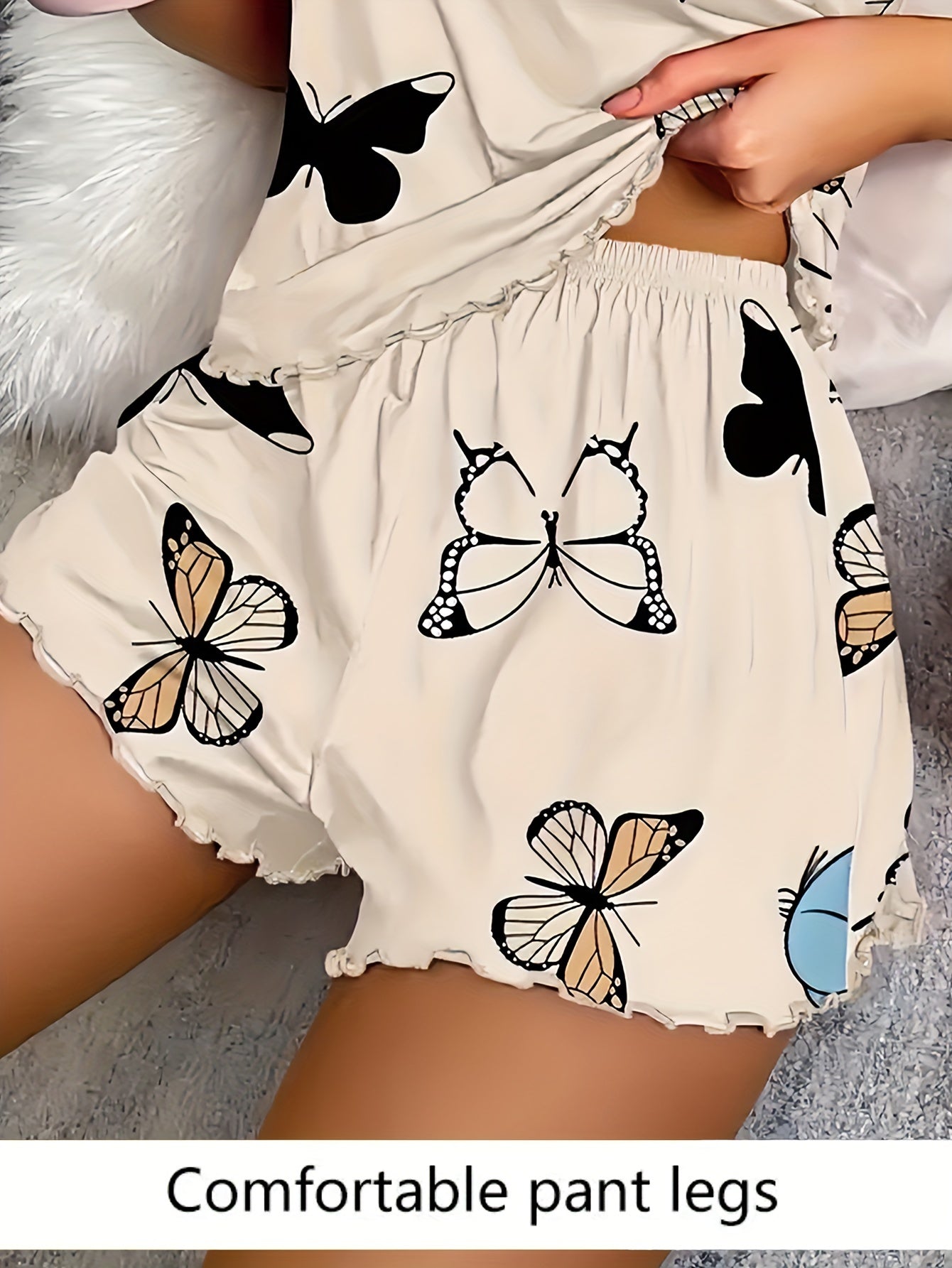 Women's Polyester Pajama Set Sleeveless Cami with Butterfly Print and Elastic Shorts