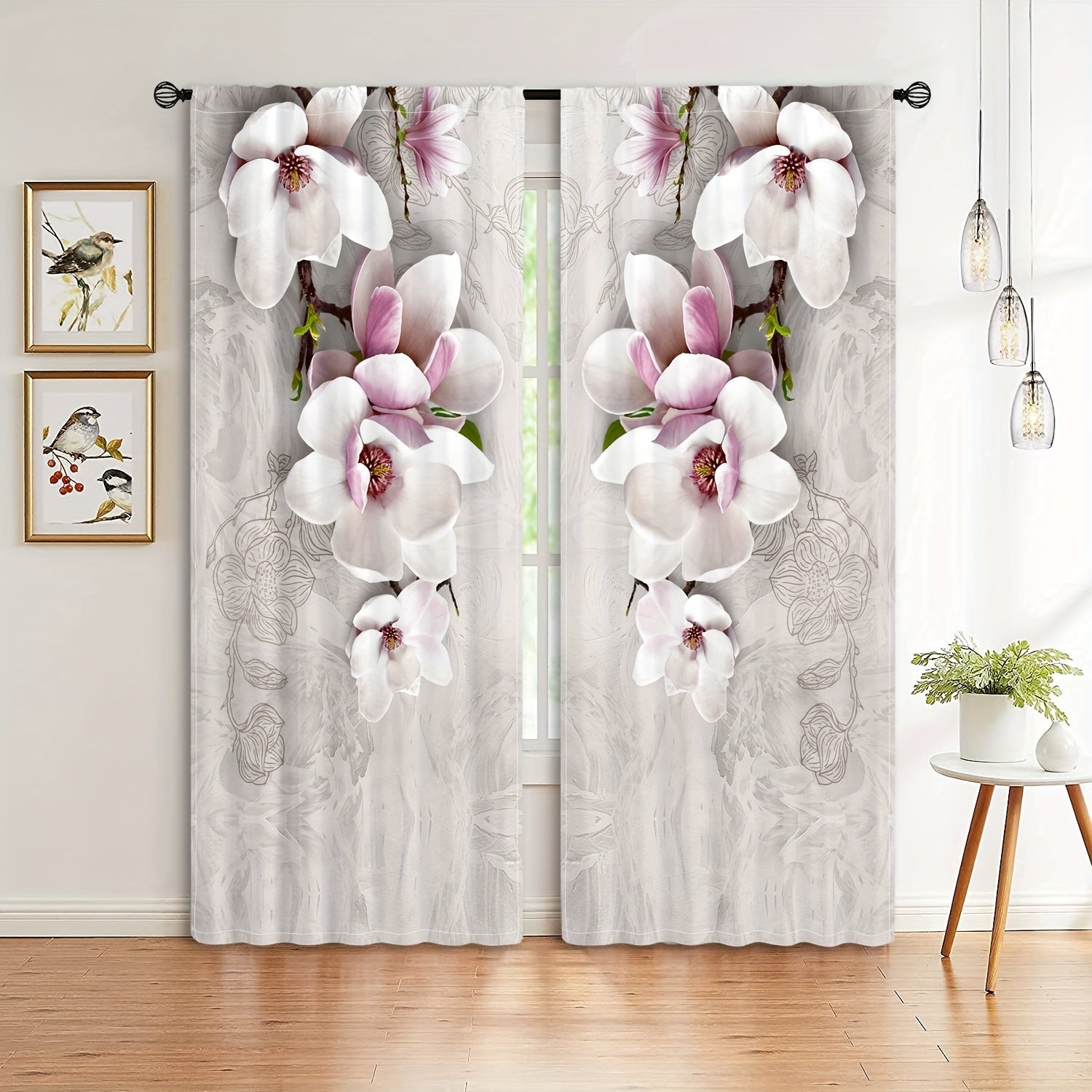 Set of 2 Magnolia Patterned Semi-Blackout Curtains with Rod Pocket for Bedroom Living Room Kitchen