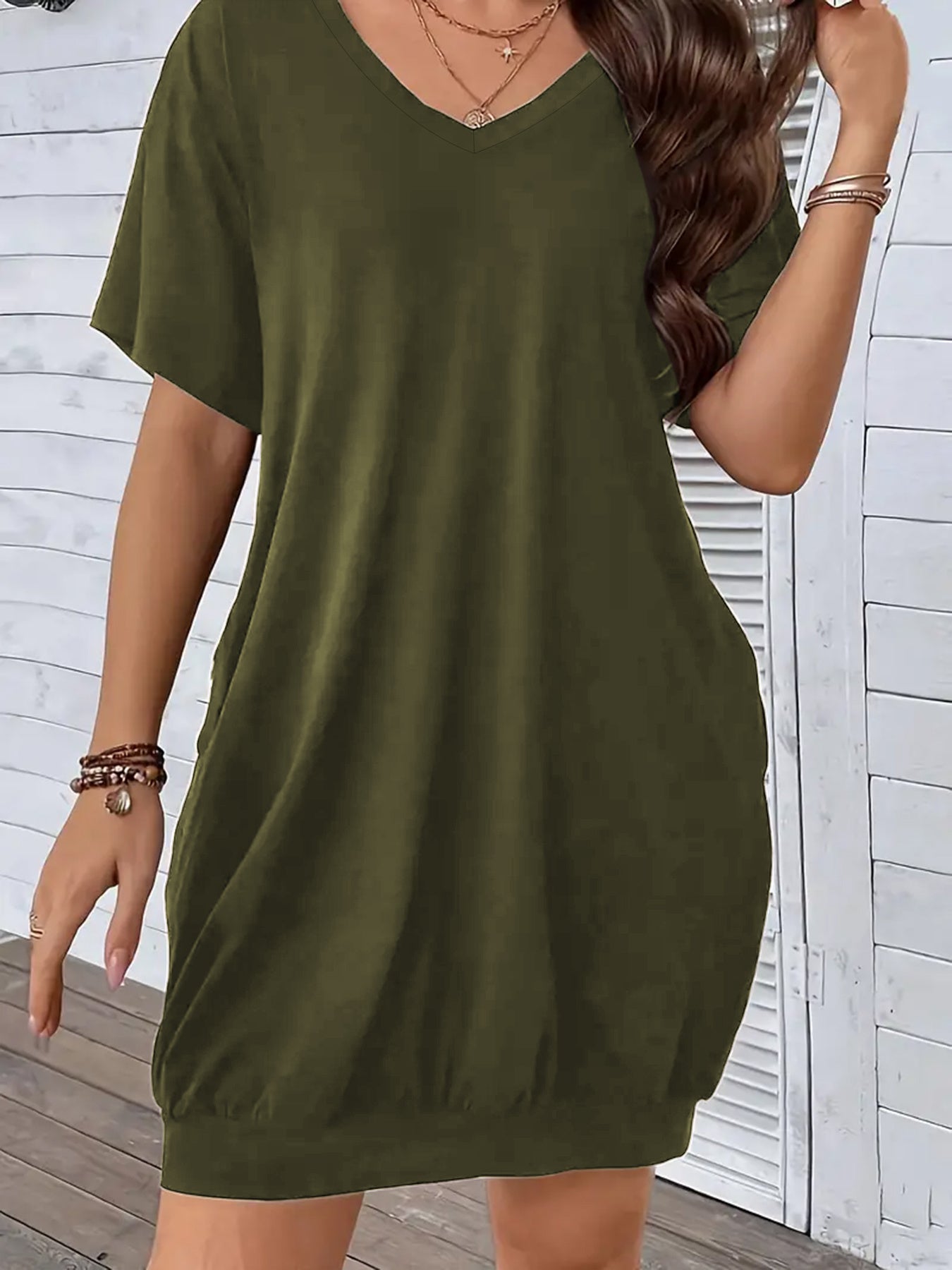Plus Size Women's V-Neck T-Shirt Dress with Pockets Short Sleeve Casual Spring Summer Fall