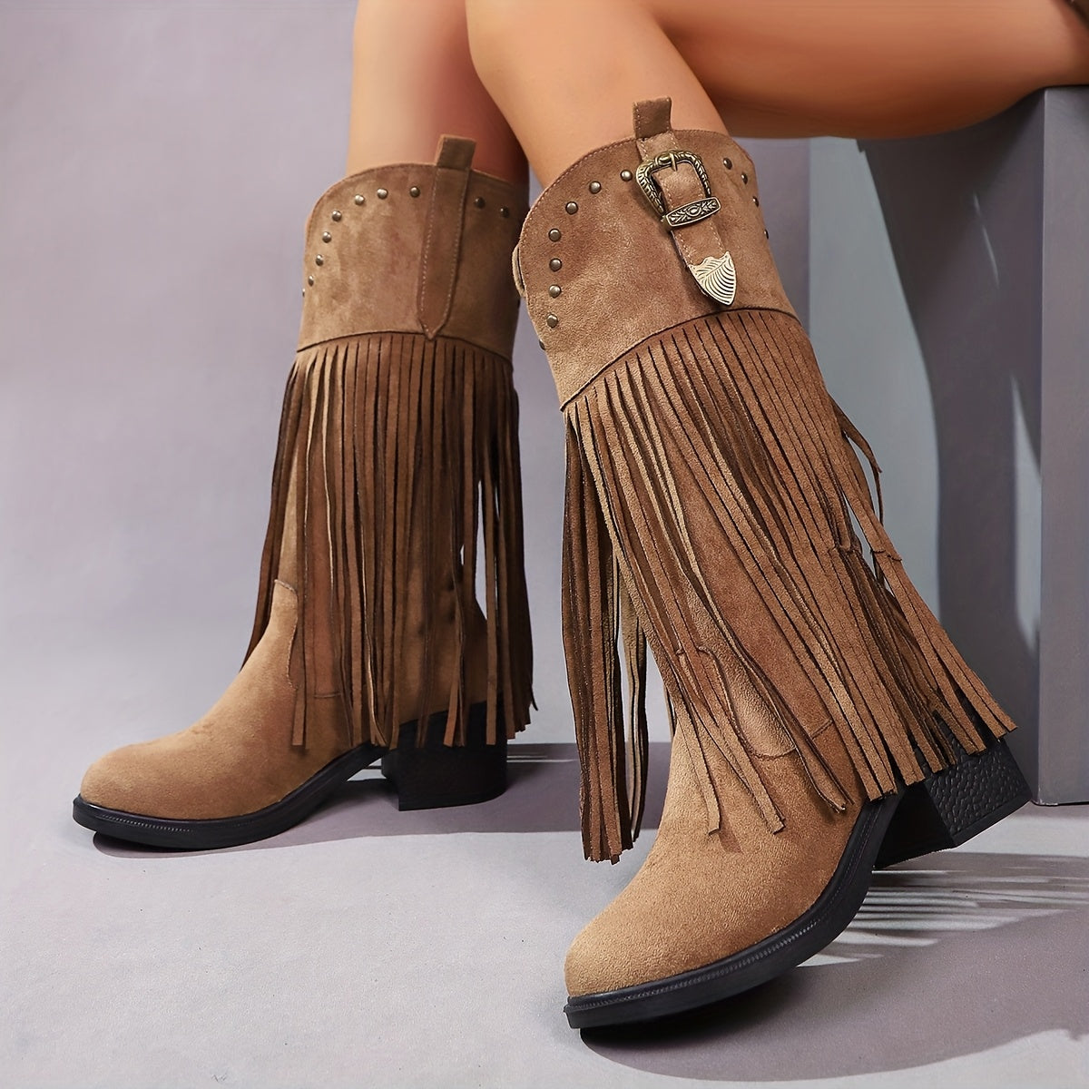 Women's Tassel Design Slip-On Chunky Heel Boots All-Season Comfortable