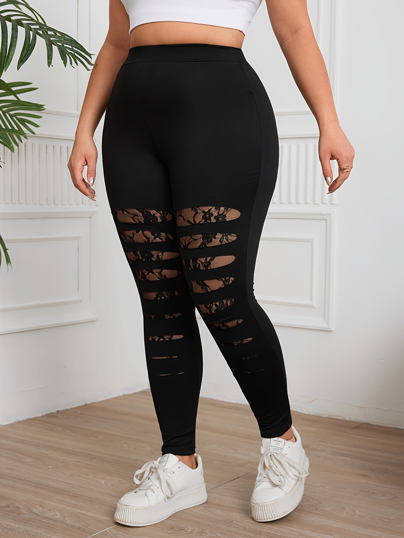 Women Plus Size High-Waisted Black Lace-Paneled Stretch Leggings