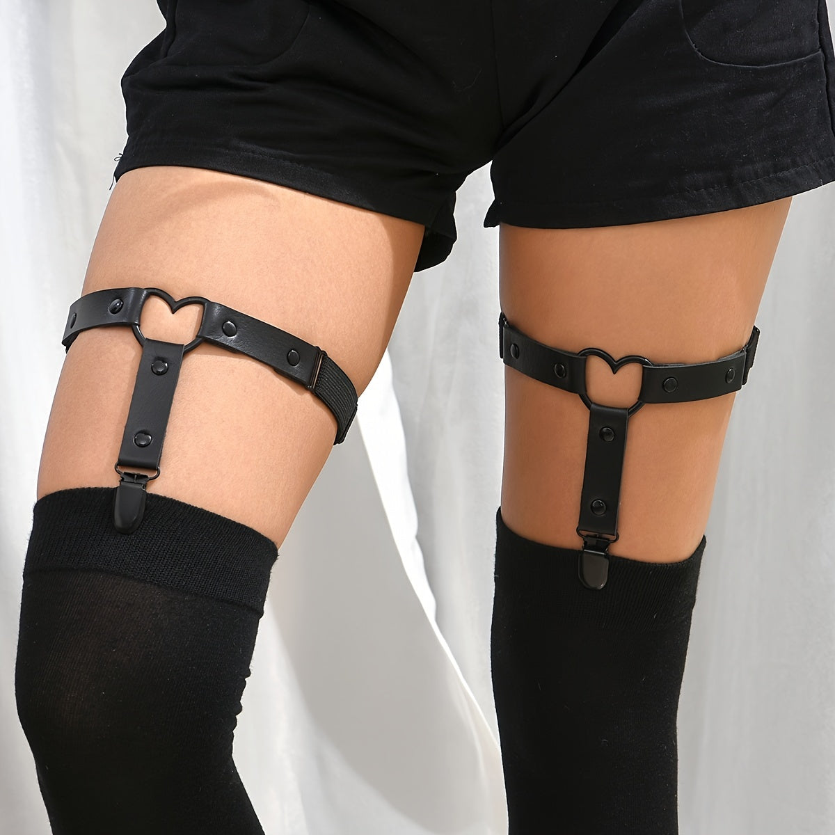 Black Gothic Thigh Garter with Anti-Slip Clips and Adjustable Heart Detail for Ladies