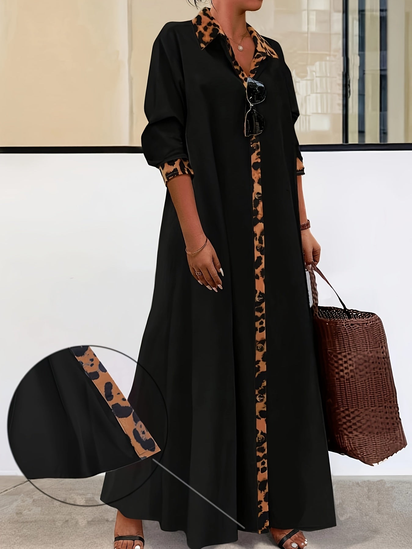 Plus-Size Leopard Print Dress with Collar Long Sleeves and Elegant Skirt for Spring and Autumn