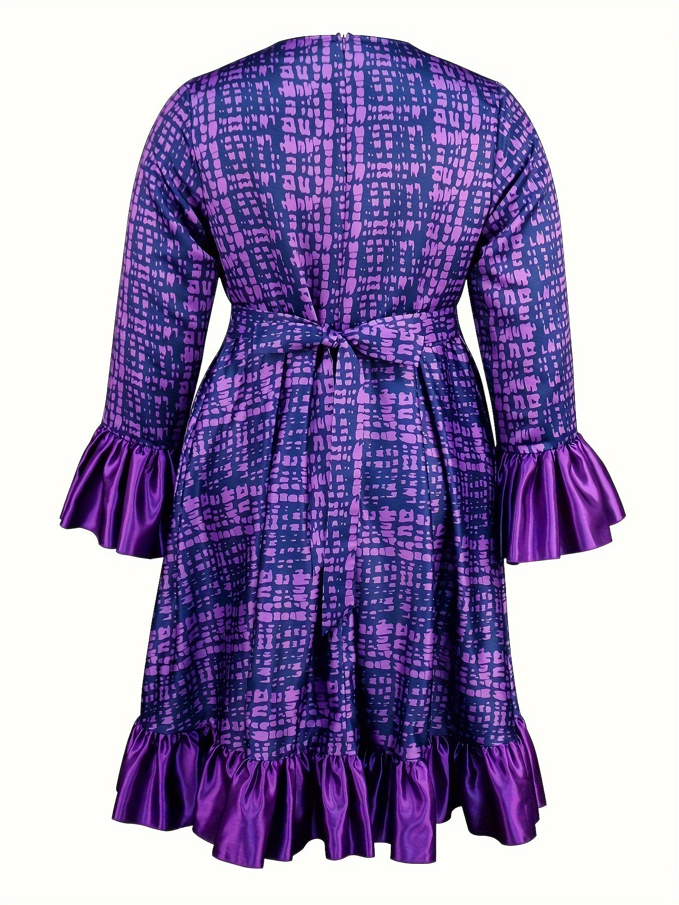 Plus Size Flutter Sleeve Midi Bridesmaid Dress Polyester Knit Plaid Fit and Flare