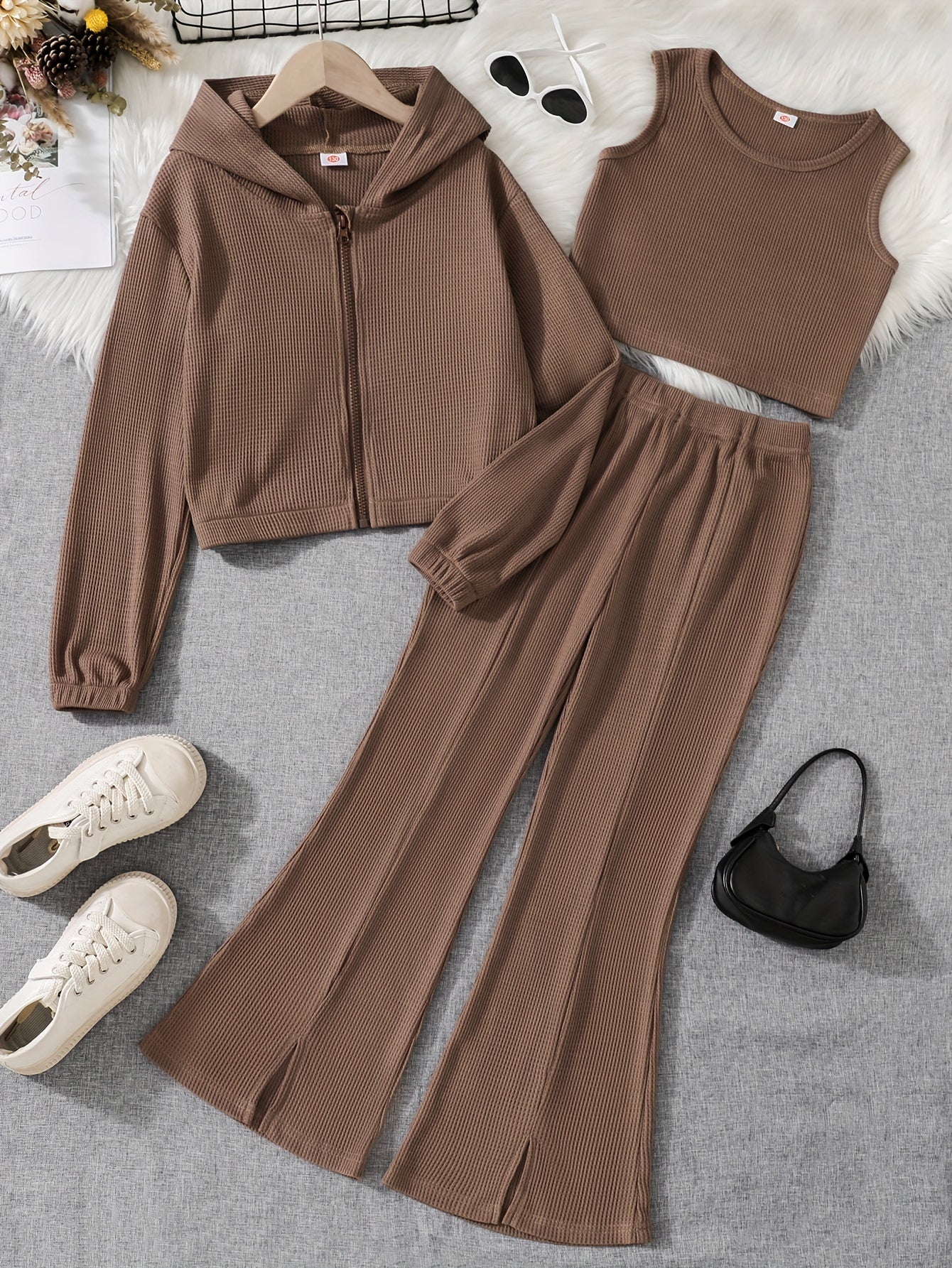 Girls' Casual Solid Color Hooded Cardigan Set for Outdoor Wear Spring Fall