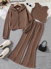 Girls' Casual Solid Color Hooded Cardigan Set for Outdoor Wear Spring Fall