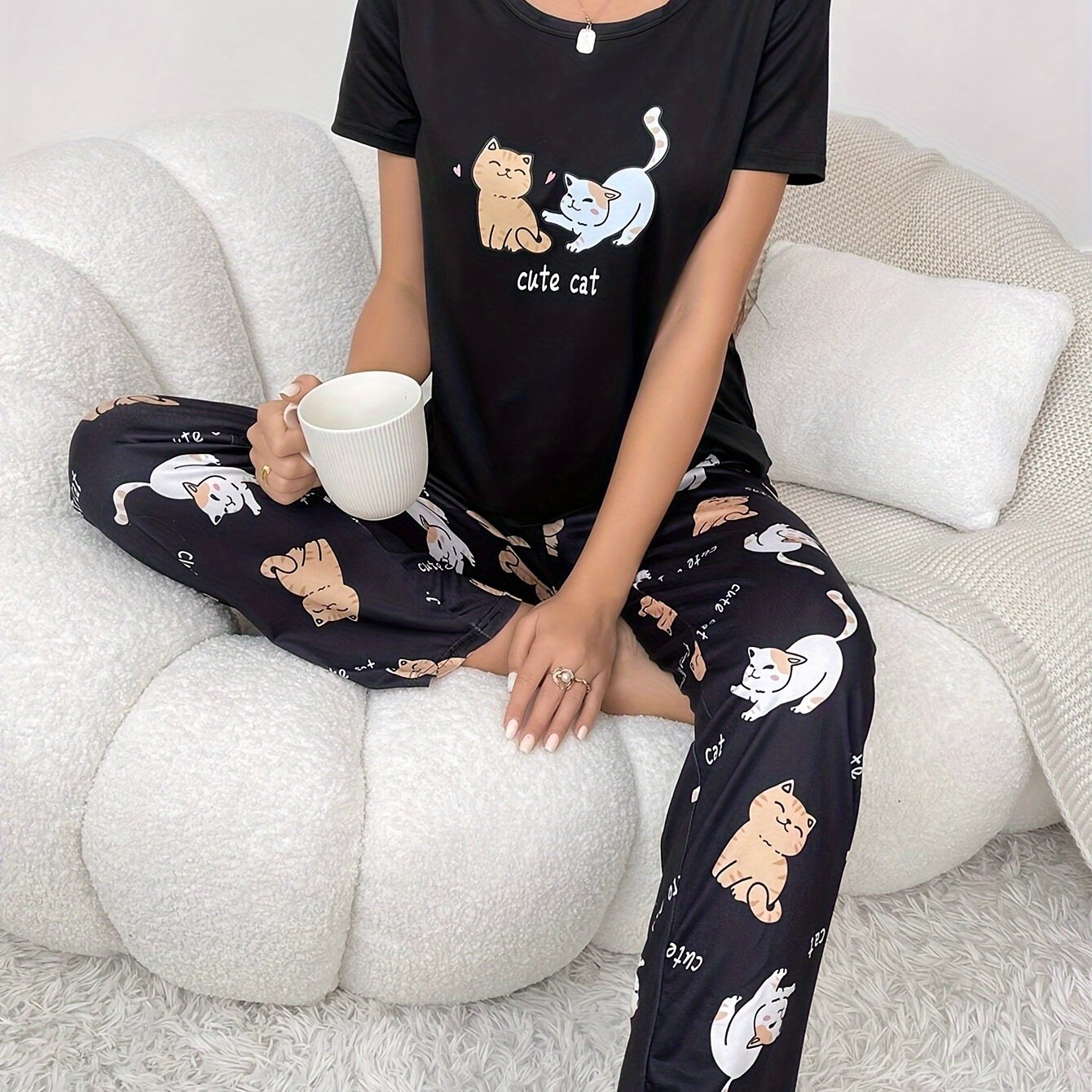 Plus Size Animal Print Polyester Knit Pajama Set for Adults