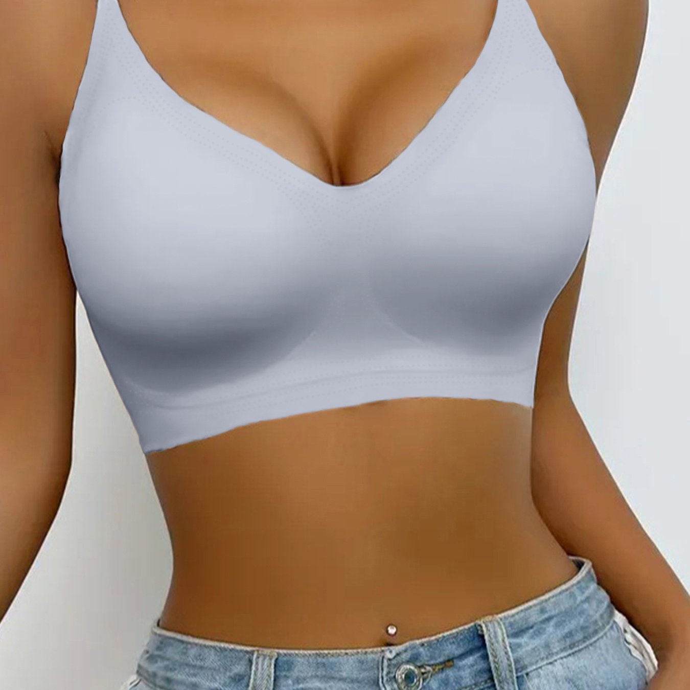 Plus o'lchamli uzluksiz sport brasi yumshoq pushti V-shaklli bo'yinli to'liq qamrov olib tashlanadigan padlar