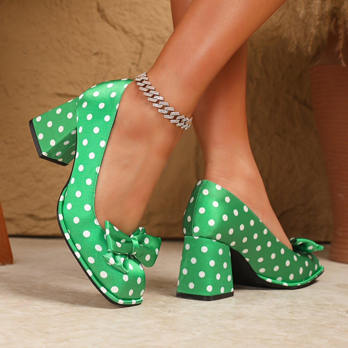 Ayollar uchun polka nuqta Mary Jane poyabzal, bog'lamli kvadrat barmoqli, blok poyabzal, qulay oyoq kiyimlar, turli ranglarda