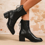 Women’s Synthetic Chunky Heel Ankle Boots with Zipper and Lace-Up Back