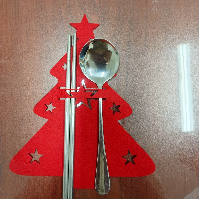 Juego de cubiertos con temática navideña con 12 piezas en bolsa con forma de árbol, incluyendo salvamanteles y decoración para la mesa