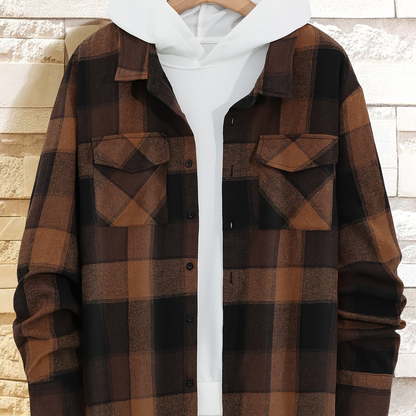 Plus-Size Men’s Plaid Long-Sleeve Shirt Polyester Casual Spring Fall