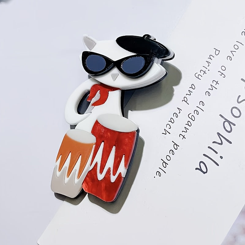Unisex Cartoon Cat Drummer Brooch Pin Acrylic Irregular Shape Animal Music Badge Fashion Lapel Accessory
