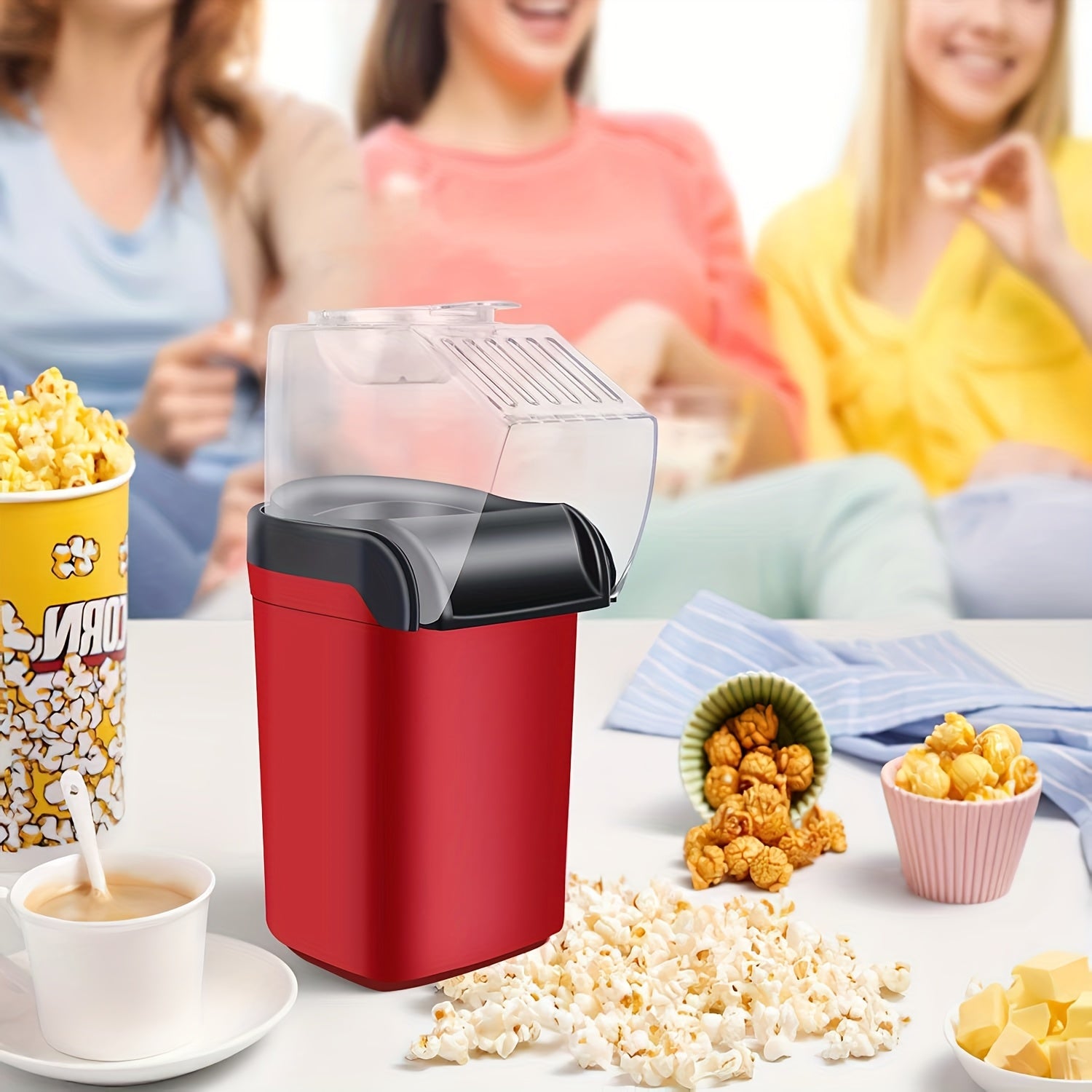 1100W yog'siz elektr popcorn tayyorlagich, shaffof konteyner va qora dozator bilan