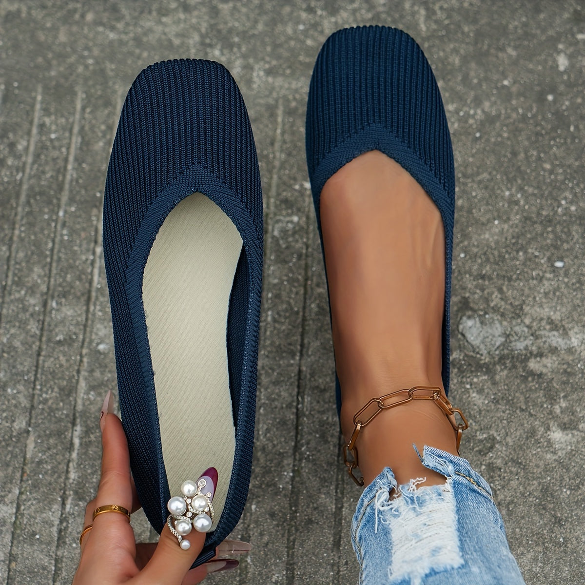 Women's Breathable Knit Slip-On Shoes Casual Square Toe Outdoor Lightweight Fabric