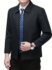 Men's Waterproof Polyester Business Casual Jacket with Zipper and Lapel Collar