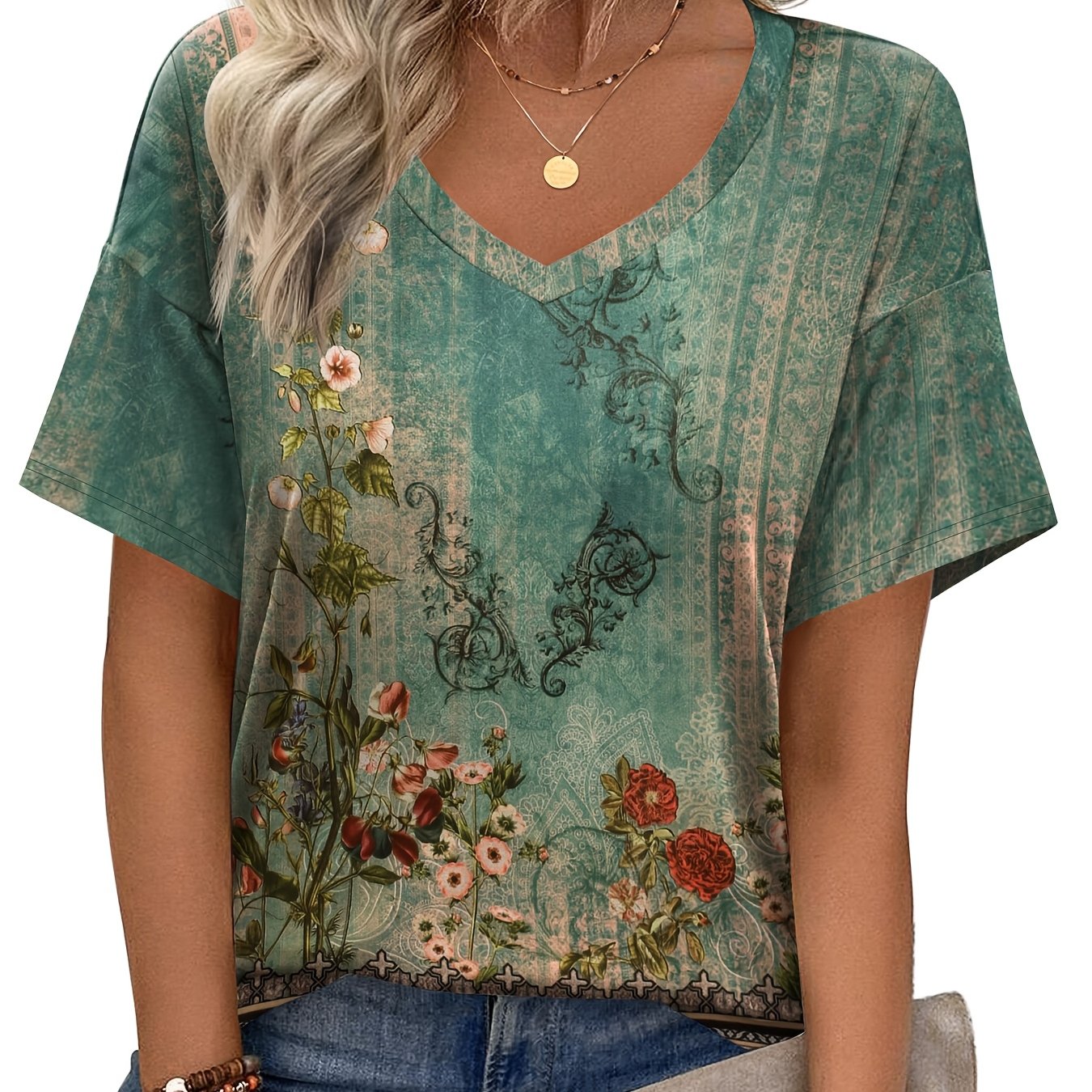 Women's Floral Print V-Neck Short Sleeve T-Shirt Breathable Stretch Top