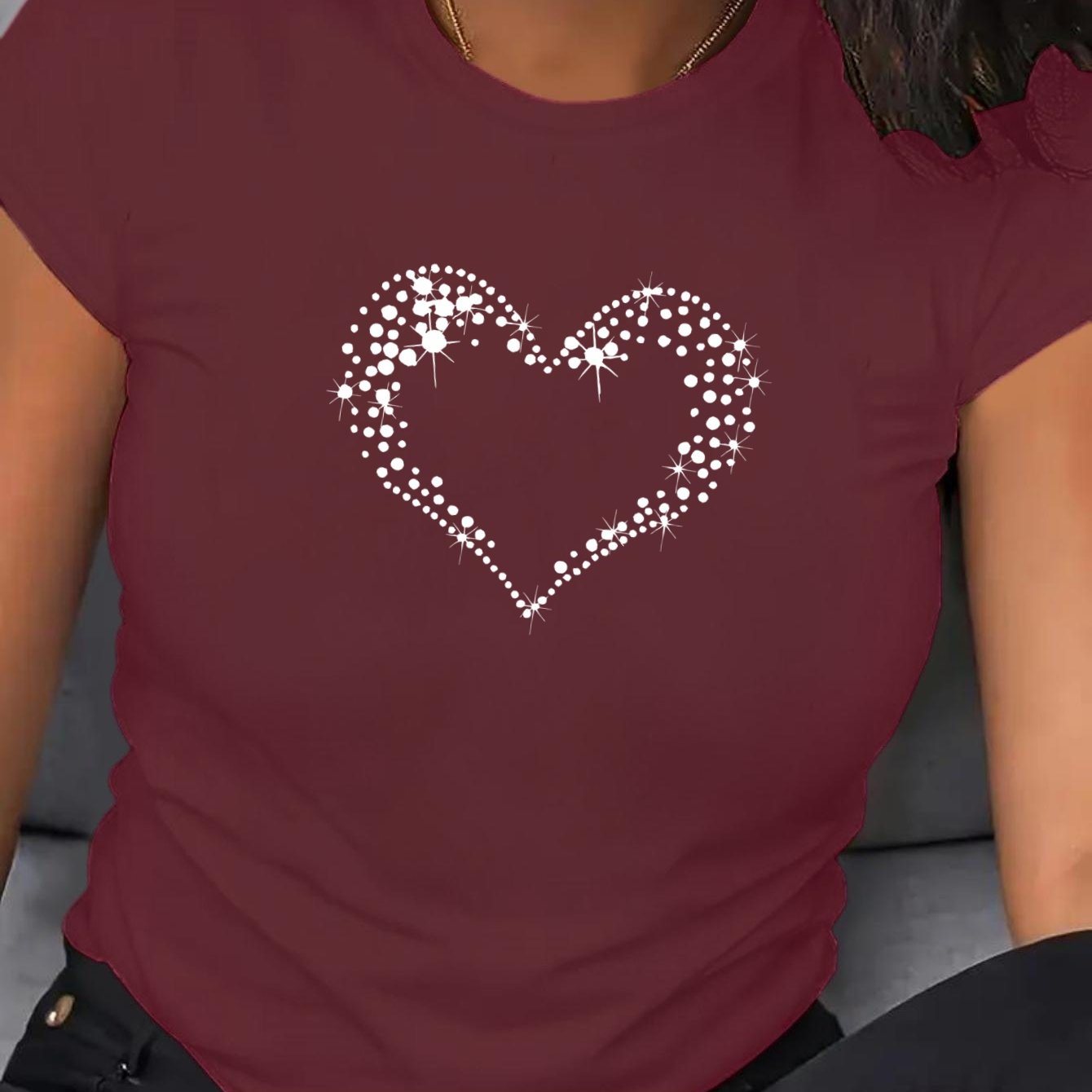 Women's Large Fit Heart Print T-Shirt - Soft Breathable Polyester Casual Short Sleeve