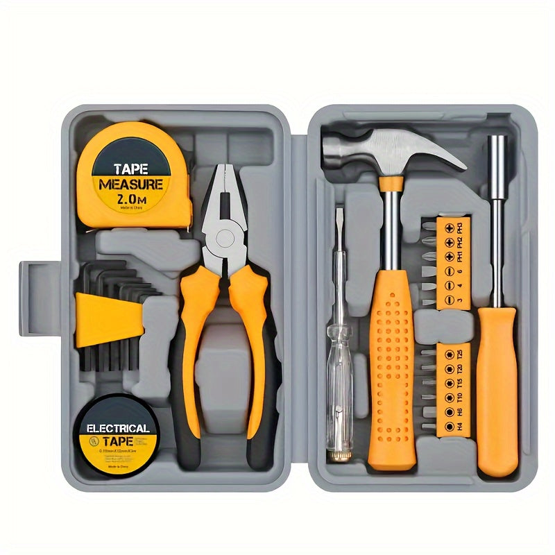 24-Piece Home Repair Tool Kit with Carbon Steel Pliers Wrench Hammer Screwdriver in Yellow Case
