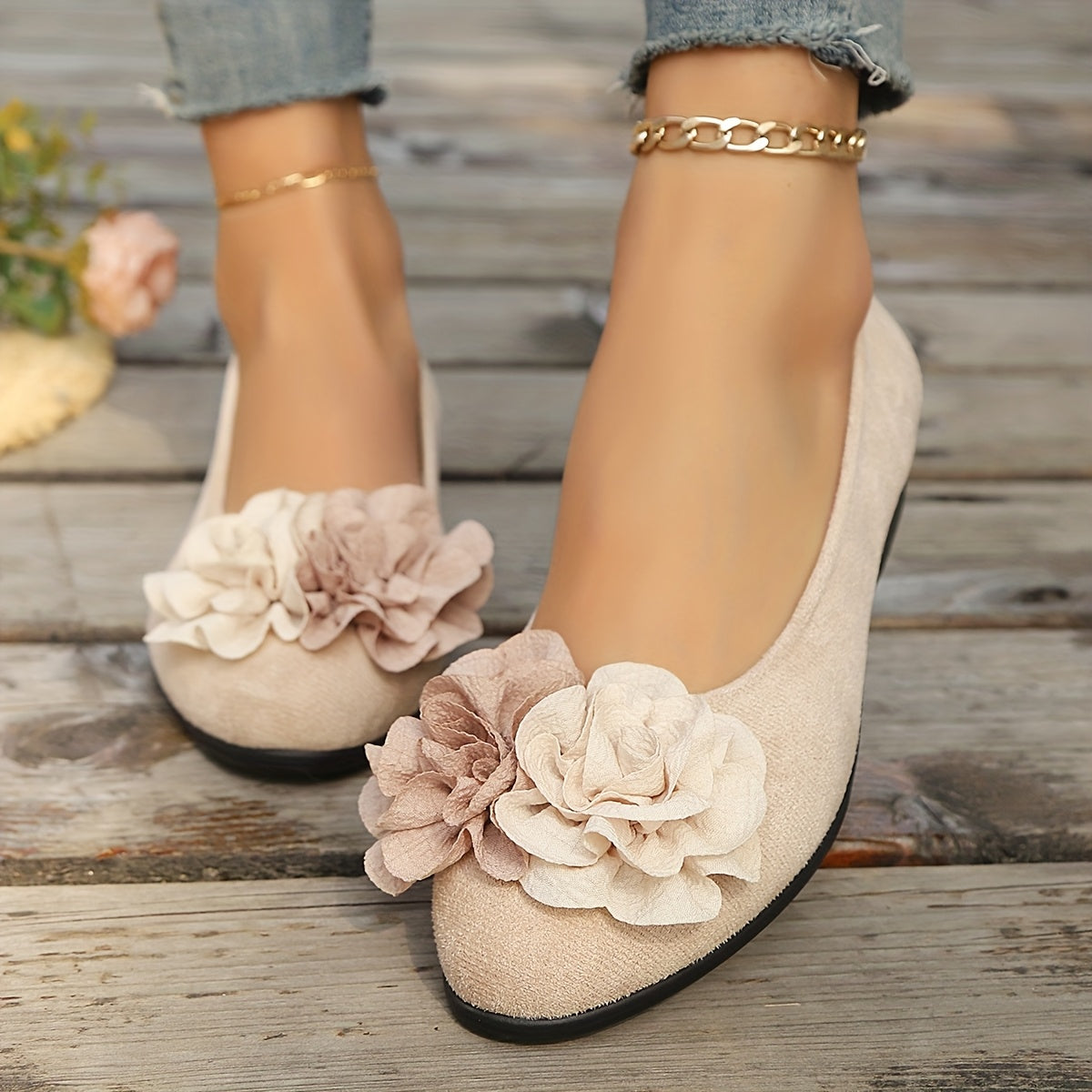 Zapatos planos de ballet con adornos florales de material sintético, zapatos casuales para mujer