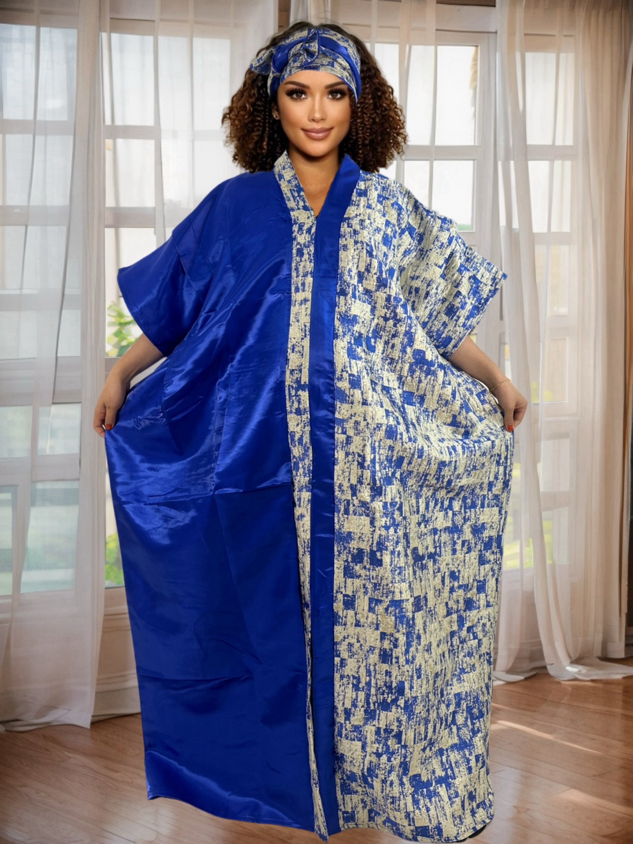 Women's Blue Gold Floral Jacquard Kaftan Dress with V-Neck Long Sleeves