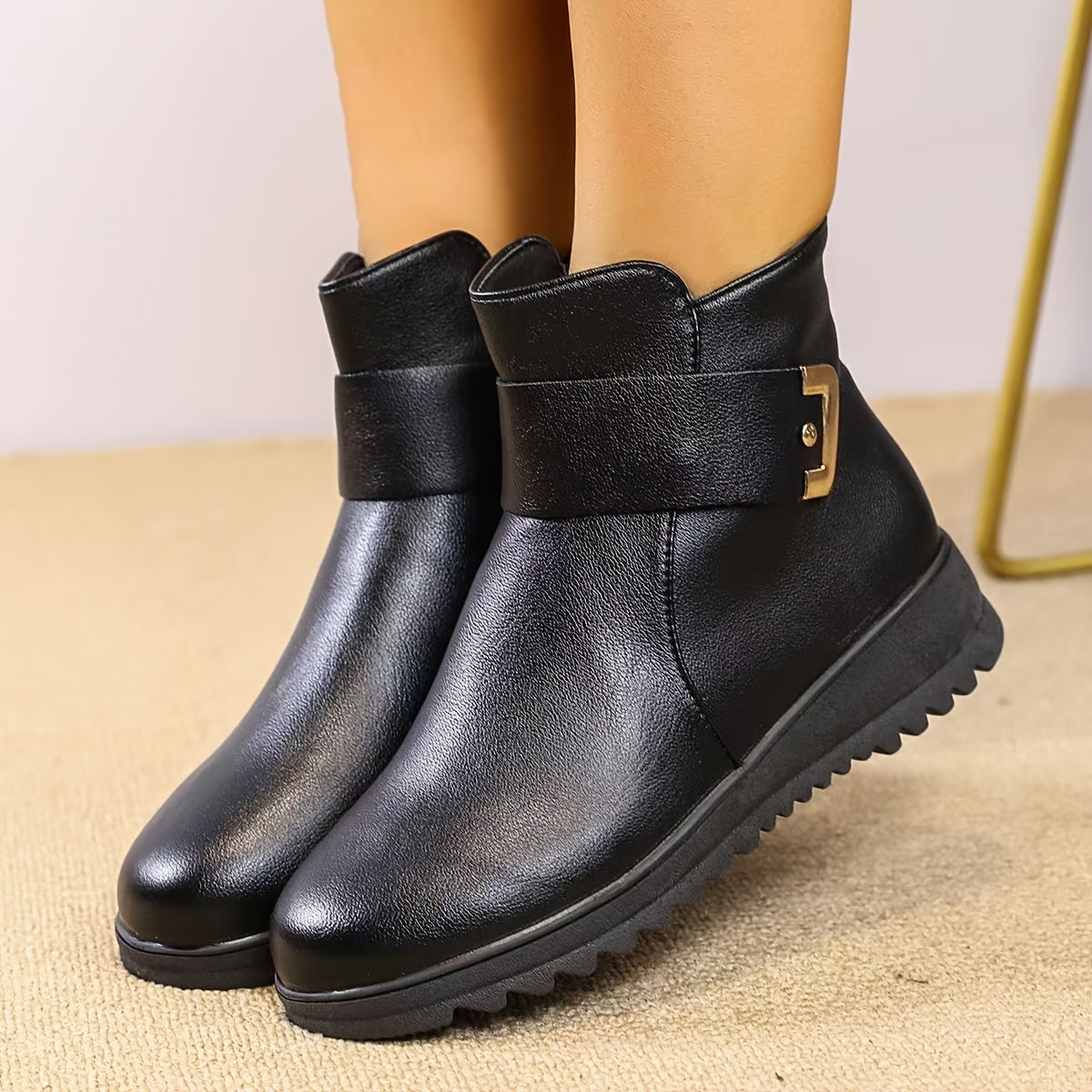 Women Black Wedge Heel Ankle Boots with Side Zipper and Buckle