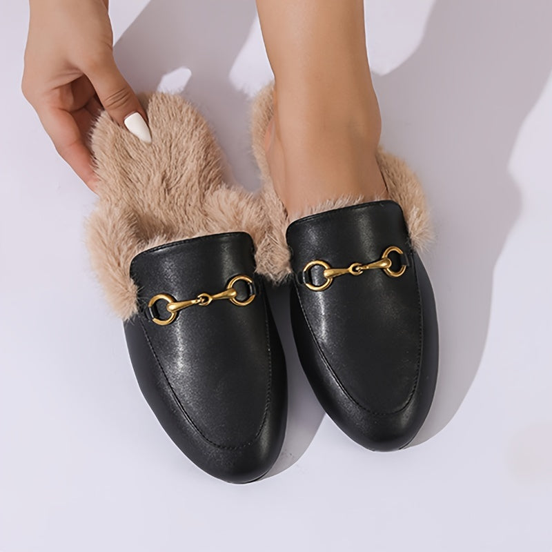 Women's Fluffy Plush Flats with Metallic Buckle Winter Warm Fleece Shoes