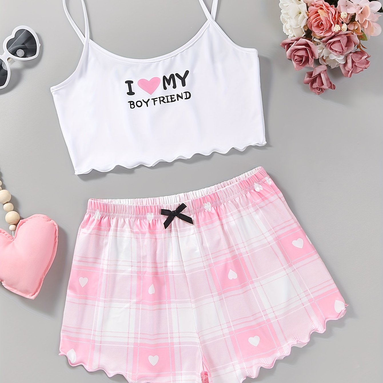 Women's Valentine's Day Pajama Set Heart Slogan Print Lettuce Trim Cami Top Elastic Shorts